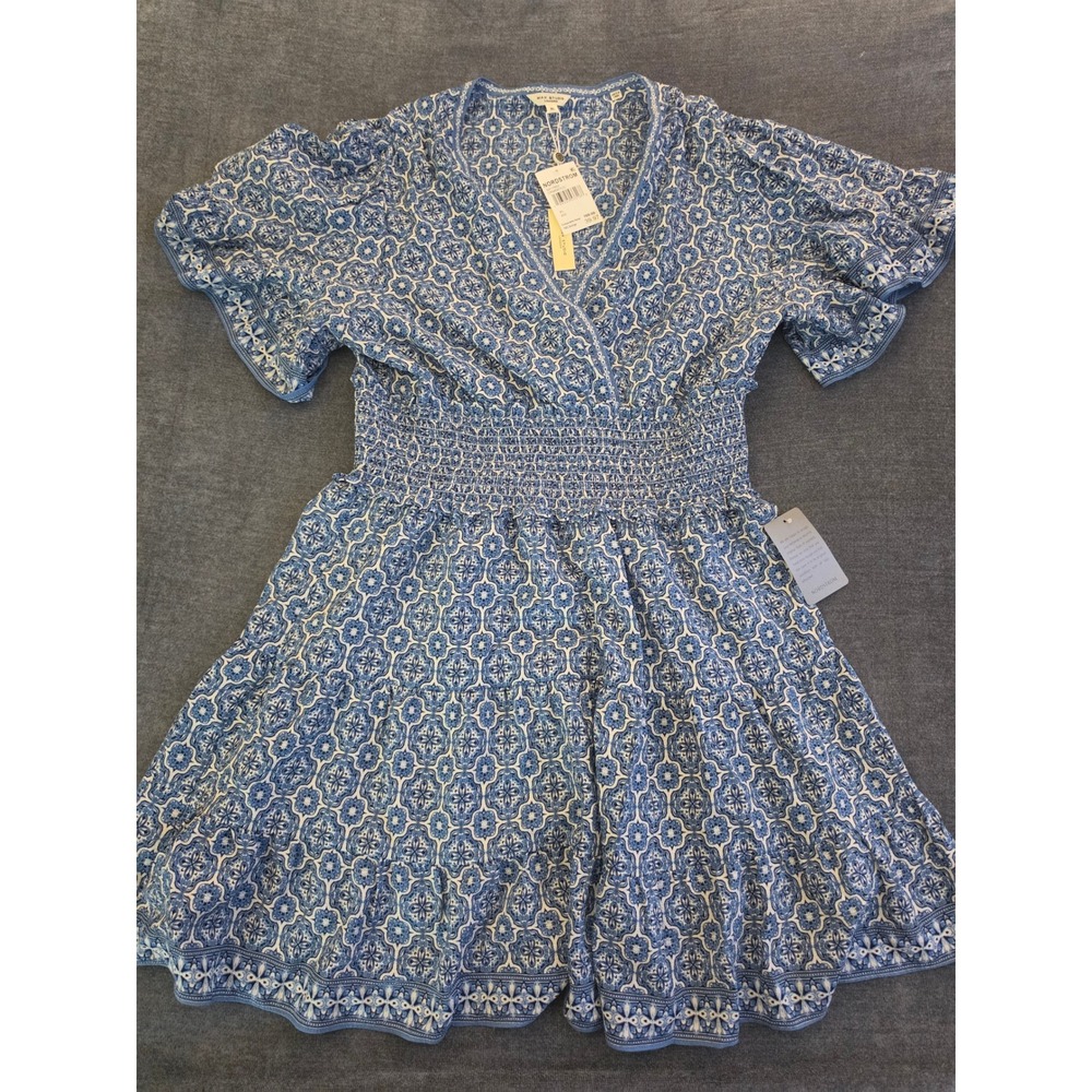 Max Studio London Blue White Tile Print Smocked Tiered Mini Dress XL 5911N52